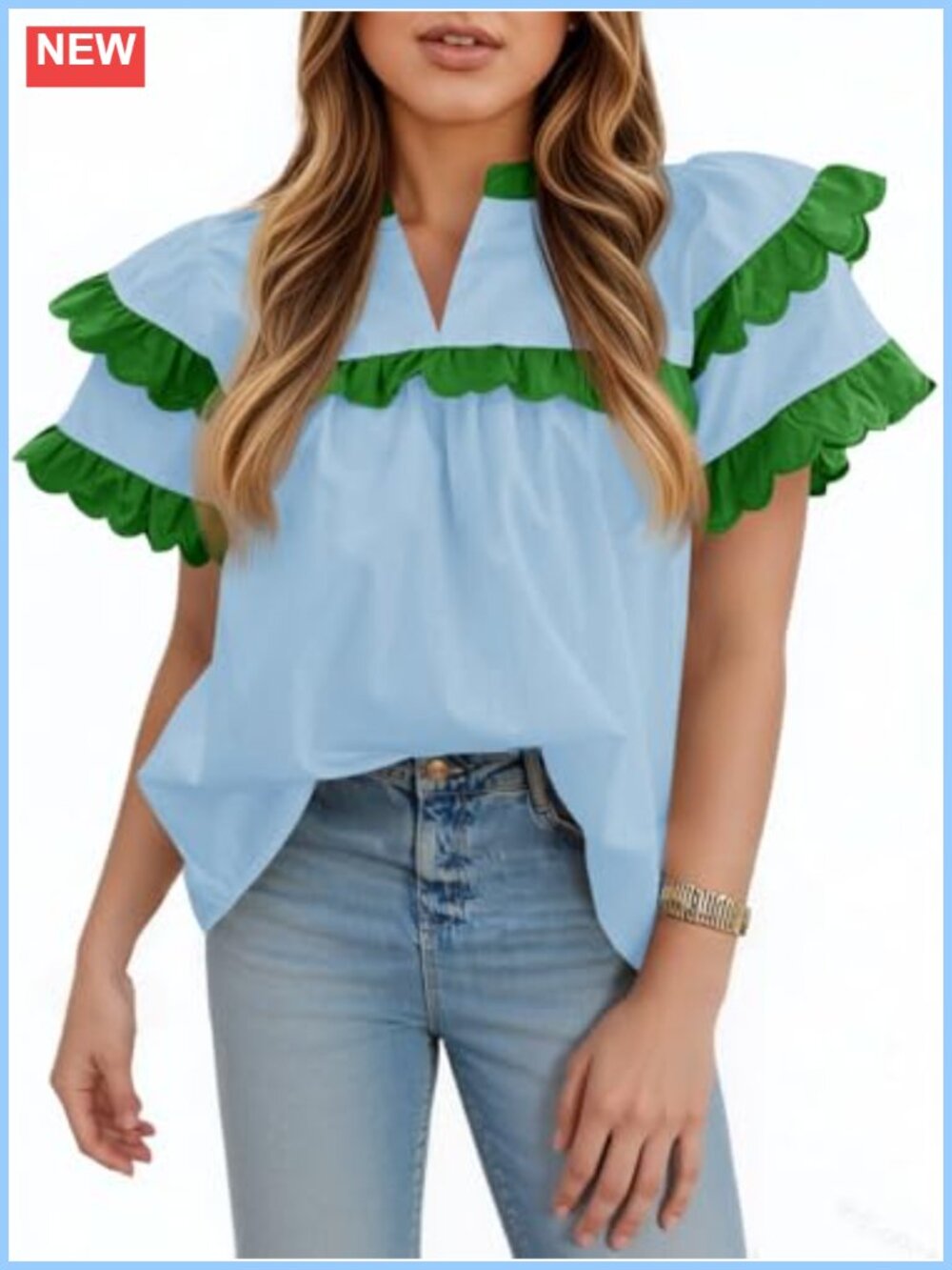 Womens Ruffle Sleeve Babydoll Blouse V Neck Pleated Short Sleeve Top